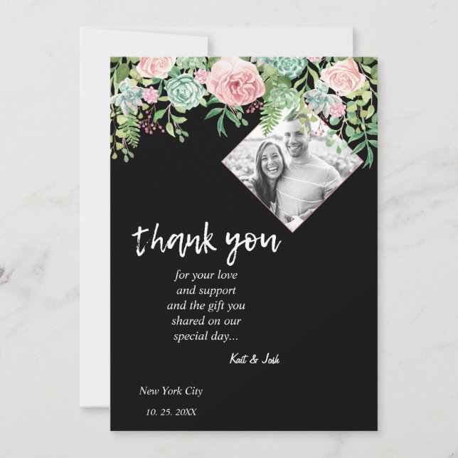 Elegant Black Floral Pink Wedding Danke CARD Einladung (Vorderseite)