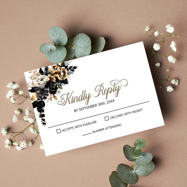 Elegant Black Floral Wedding RSVP (Von Creator hochgeladen)