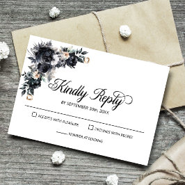 Elegant Black Floral Wedding RSVP Karte