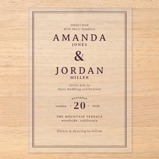 Elegant Black Formal Wedding Invitation Acryleinladungen (Vorderseite)