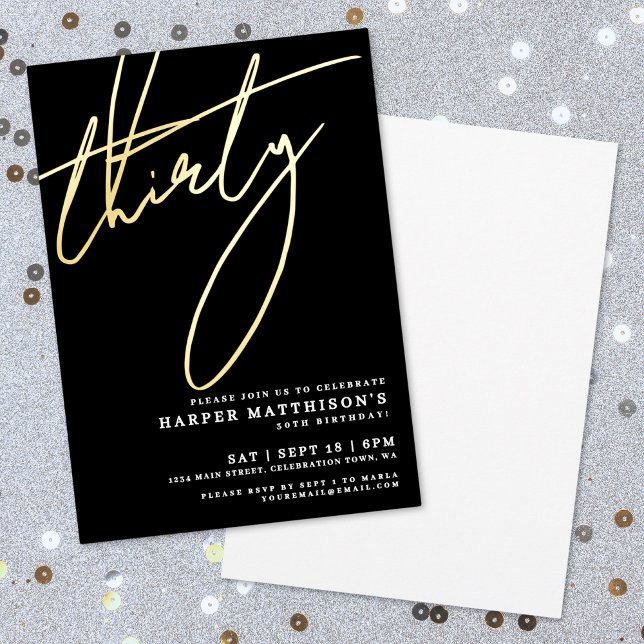 Elegant Black Forty 30th Birthday Gold Folieneinladung (Elegant Black Forty 30th Birthday Gold Foil Invitation)