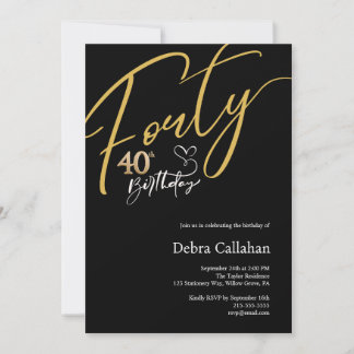 Elegant Black & Gold 40. für Frauen Geburtstag Einladung