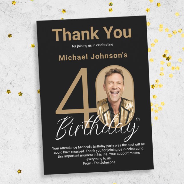 Elegant Black Gold 40. Geburtstag Dankeskarte (Elegant Black Gold 40th Birthday Thank You Card)