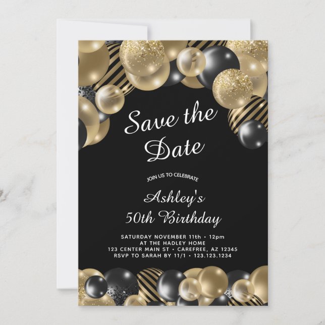 Elegant Black Gold 50. Geburtstag Save The Date (Vorderseite)