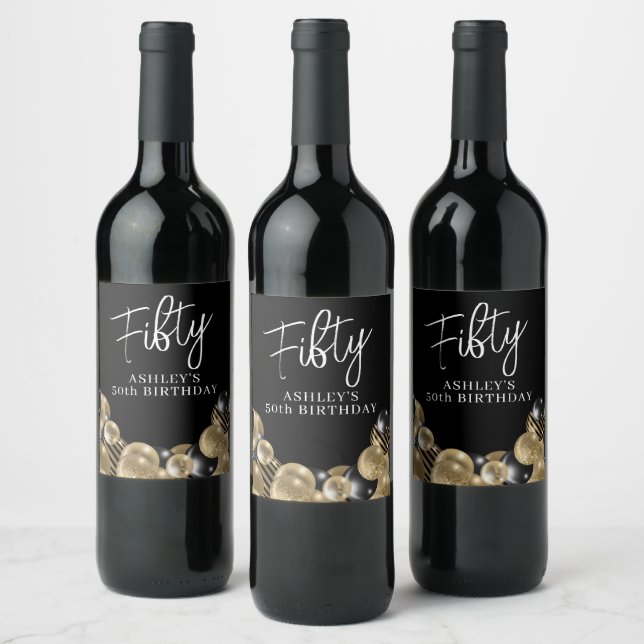 Elegant Black Gold 50. Geburtstag Weinetikett (Flaschen)