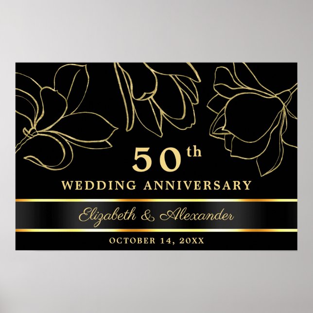 Elégant Black Gold 50e anniversaire Mariage Poster (Devant)