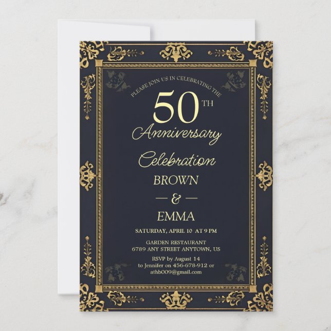 Elegant Black Gold 50th Anniversary Celebration In Einladung (Vorderseite)