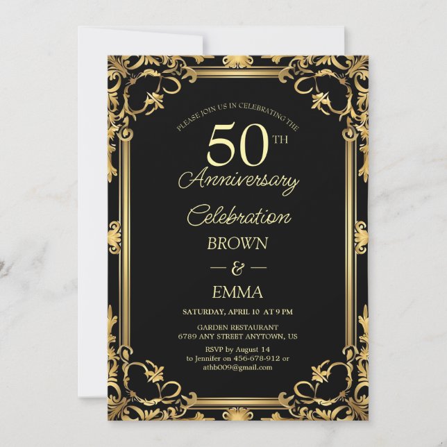 Elegant Black Gold 50th Anniversary Celebration In Einladung (Vorderseite)