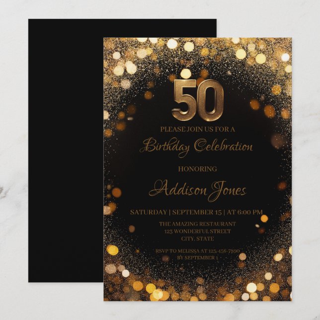 Elégant Black & Gold 50th Birthday Invitation (Devant / Derrière)