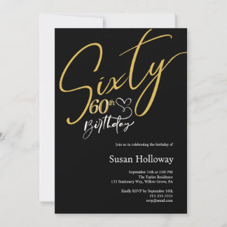 Elegant Black & Gold 60. für Frauen Geburtstag Einladung