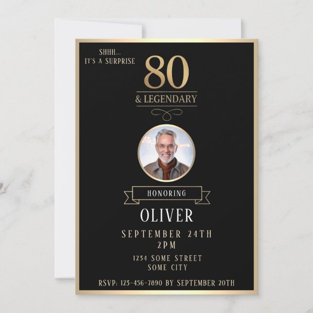 Elegant Black & Gold 80th & Legendary Birthday Einladung (Vorderseite)