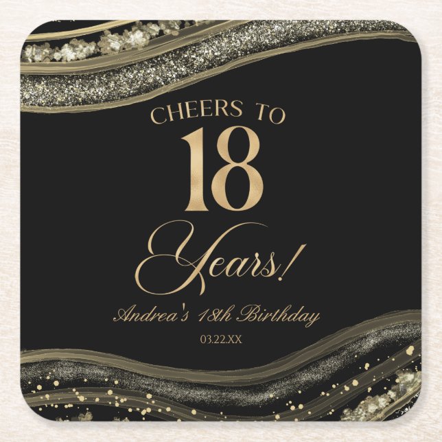 Elegant Black Gold Agate 18th Birthday Party Rechteckiger Pappuntersetzer (Vorderseite)