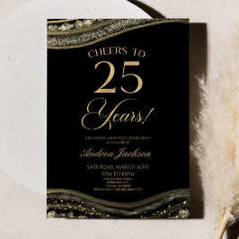 Elegant Black Gold Agate 25. Geburtstagsparty Einladung