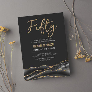 Elegant Black Gold Agate 50. Geburtstagsparty Einladung