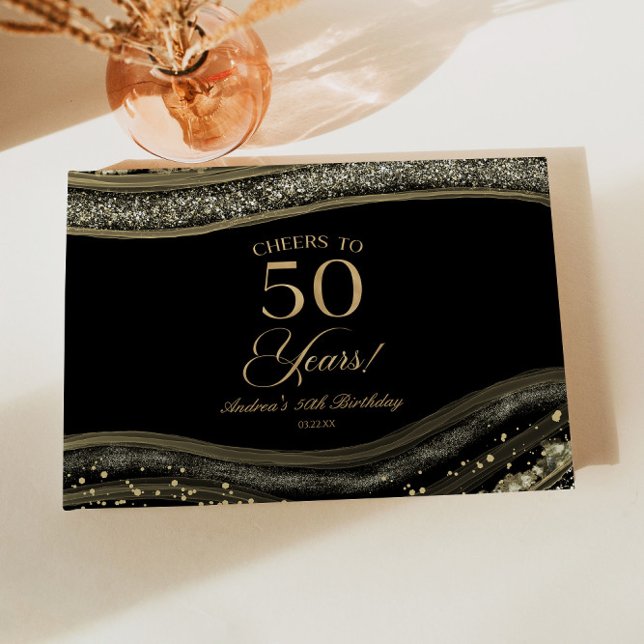 Elegant Black Gold Agate 50th Birthday Party Gästebuch (Von Creator hochgeladen)