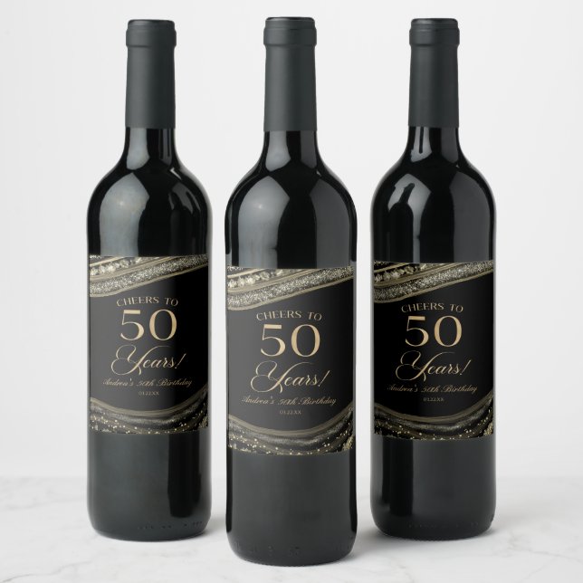 Elegant Black Gold Agate 50th Birthday Party Weinetikett (Flaschen)