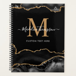 Elegant Black Gold Agate Geode Script Monogram Planer
