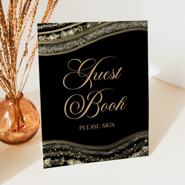 Elegant Black Gold Agate Guest Book Sign Sockelschild (Von Creator hochgeladen)