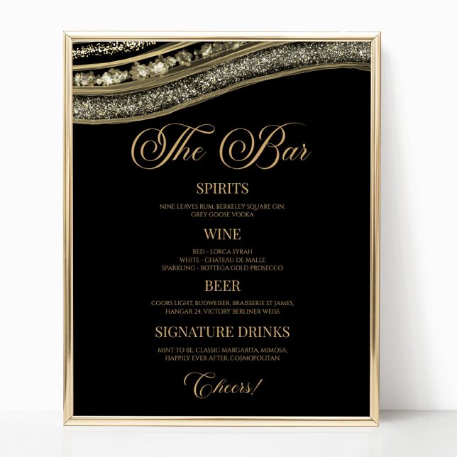 Elegant Black Gold Agate Party Bar Menu Sign Poster (Von Creator hochgeladen)