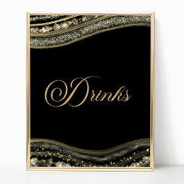 Elegant Black Gold Agate Party Drinks Sign Poster