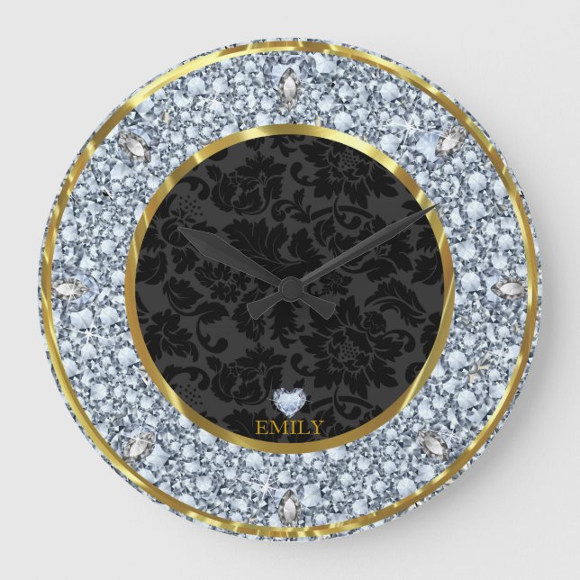 Elegant Black Gold And Sparkling Diamonds Pattern Große Wanduhr (Vorderseite)