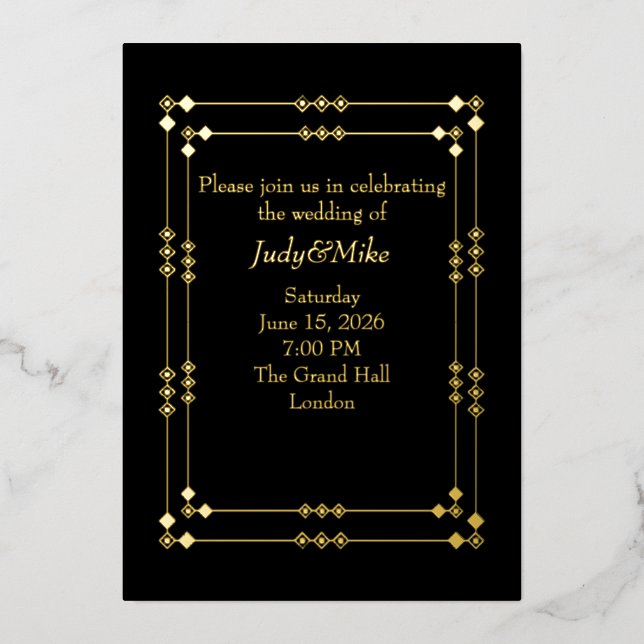 Elegant Black & Gold Art Deco Foil Invitation (Recto)