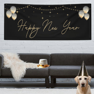 Elegant Black Gold Ballon Happy New Year Banner
