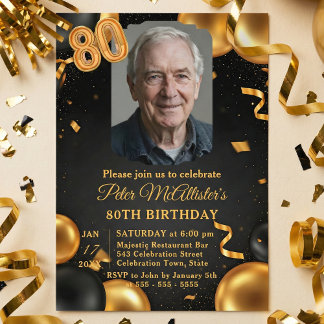 Elegant Black & Gold Balloons Photo 80th Birthday Einladung