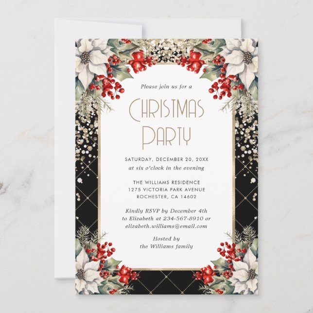Elegant Black Gold Botanical Christmas Party Einladung (Vorderseite)
