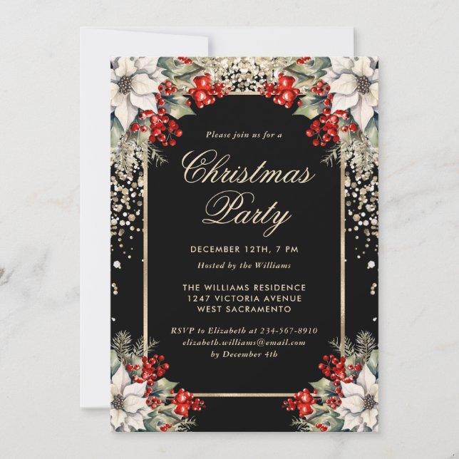 Elegant Black Gold Botanical Christmas Party Einladung (Vorderseite)