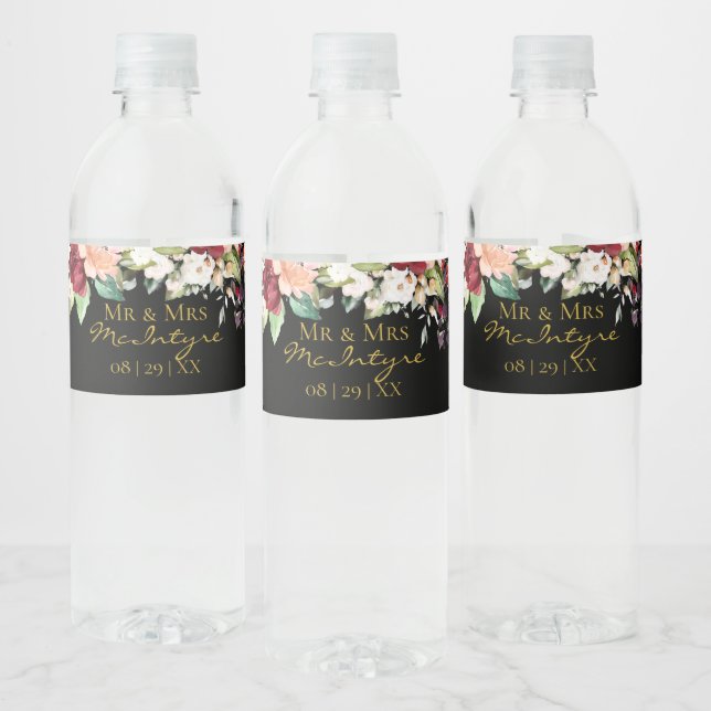 Elegant Black Gold Burgundy Blush Floral Mr. & Mrs (Flaschen)