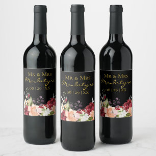 Elegant Black Gold Burgundy Blush Floral Mr. & Mrs Weinetikett