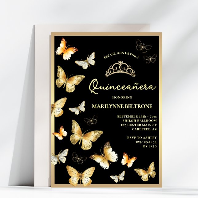Elegant Black Gold Butterfly Quinceñera Einladung (Von Creator hochgeladen)
