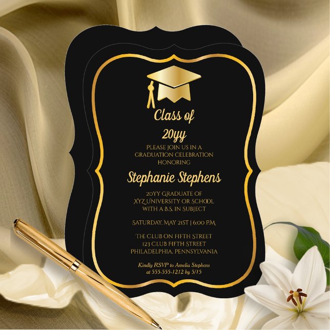 Elegant Black | Gold Cap Graduation Party Einladung (Elegant Black and Gold tone Grad Cap Graduation Party Invitation - Bracket Style - Print | Download)