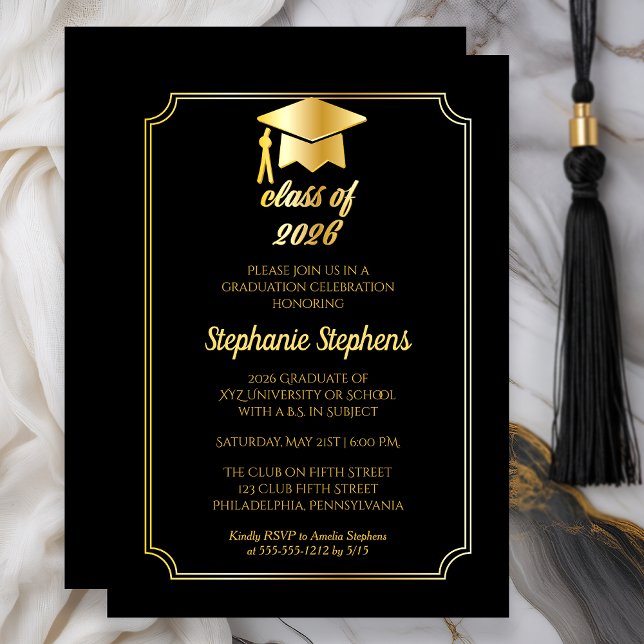 Elegant Black | Gold Cap Uni-Abschluss Party Einladung (Class of 2026 Elegant Black Gold College Graduation Party)