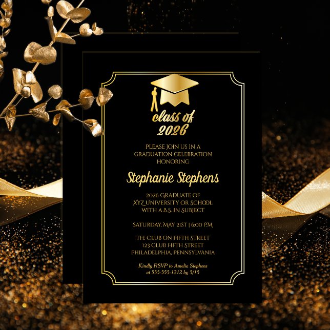 Elegant Black | Gold Cap Uni-Abschluss Party Einladung (Elegant Black | Gold Tone Grad Cap 2026 College University Graduation Party Invitation Print Digital)