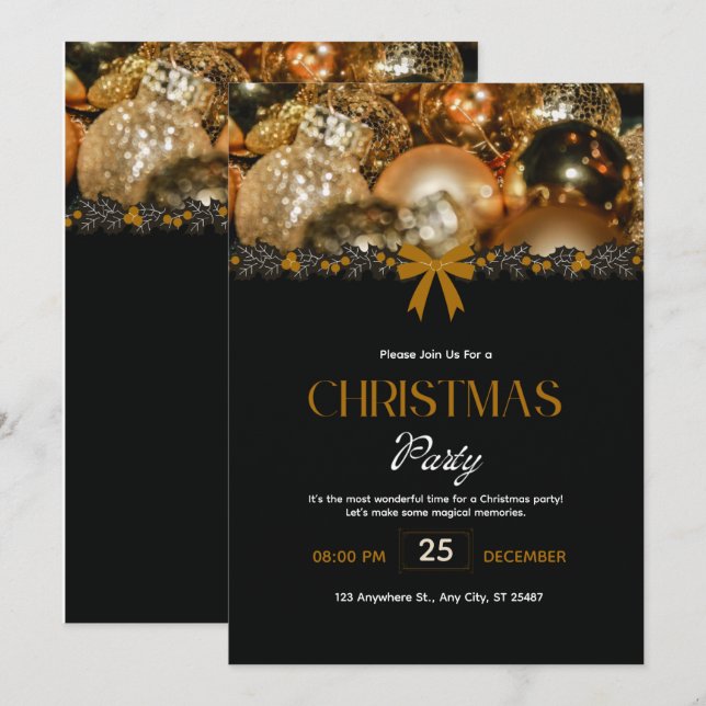 Elegant Black Gold Christmas Invitation (Devant / Derrière)