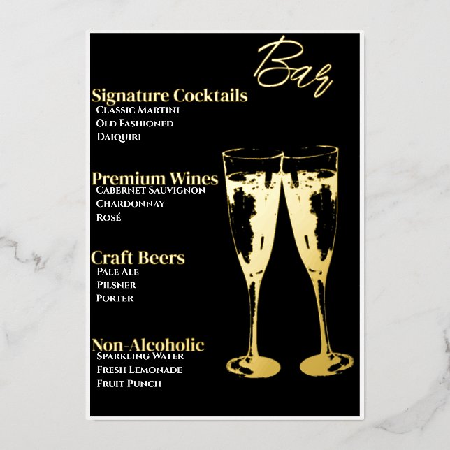Élégant Black Gold Cocktail Party Bar Menu (Recto)