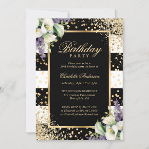 Elegant Black Gold Confetti Calla Lily Birthday Einladung