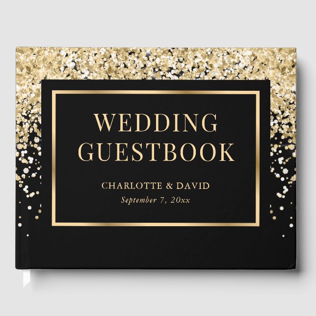 Elegant Black Gold Confetti Wedding Gästebuch (Vorderseite)