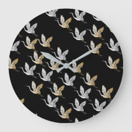 Elegant Black Gold Crane Modern Japanese Art Große Wanduhr