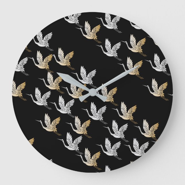 Elegant Black Gold Crane Modern Japanese Art Große Wanduhr (Vorderseite)
