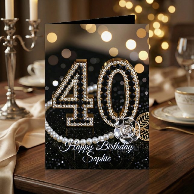 Elegant Black Gold Diamonds Pearls 40th Birthday Karte (Von Creator hochgeladen)