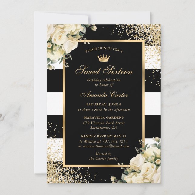 Elegant Black Gold Elfenbeinblüte Sweet 16 Geburts Einladung (Vorderseite)
