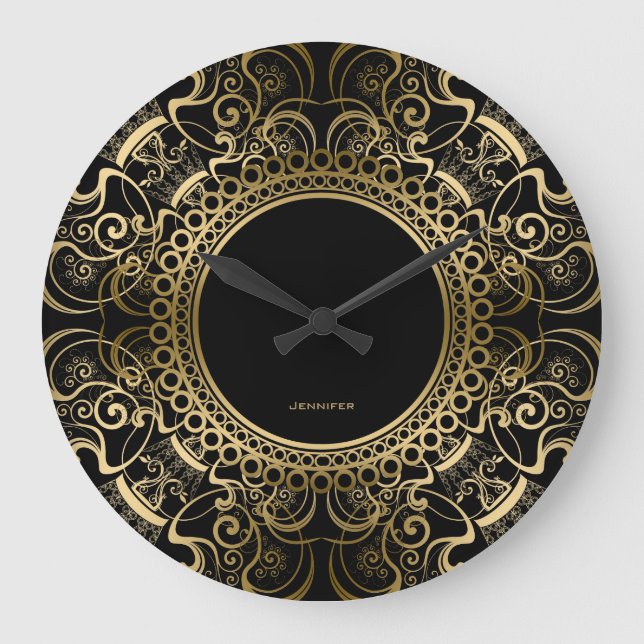 Elegant Black & Gold Floral Frame Große Wanduhr (Vorderseite)
