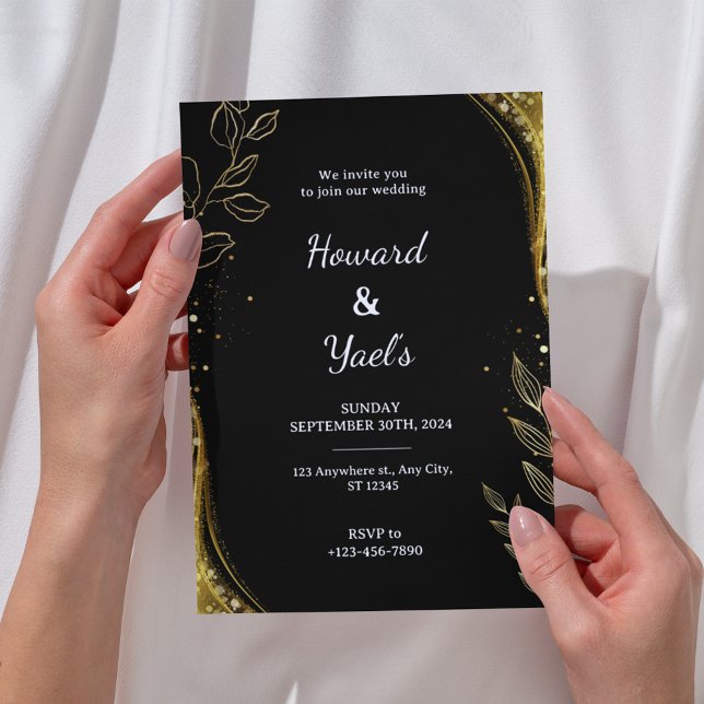Elegant Black Gold Floral | Leaf Design Wedding Einladung (Von Creator hochgeladen)
