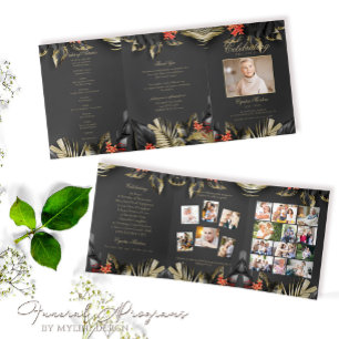 Élégant Black Gold Floral Photo Funeral Programme