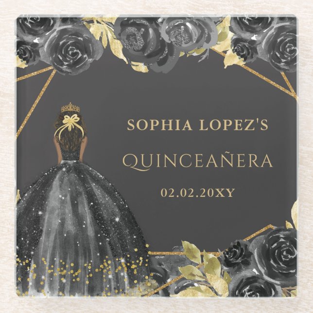 Elegant Black Gold Floral Princess Quinceanera Glasuntersetzer (Vorderseite)