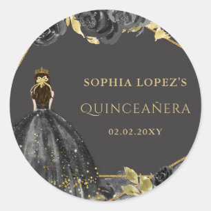 Elegant Black Gold Floral Princess Quinceanera Runder Aufkleber