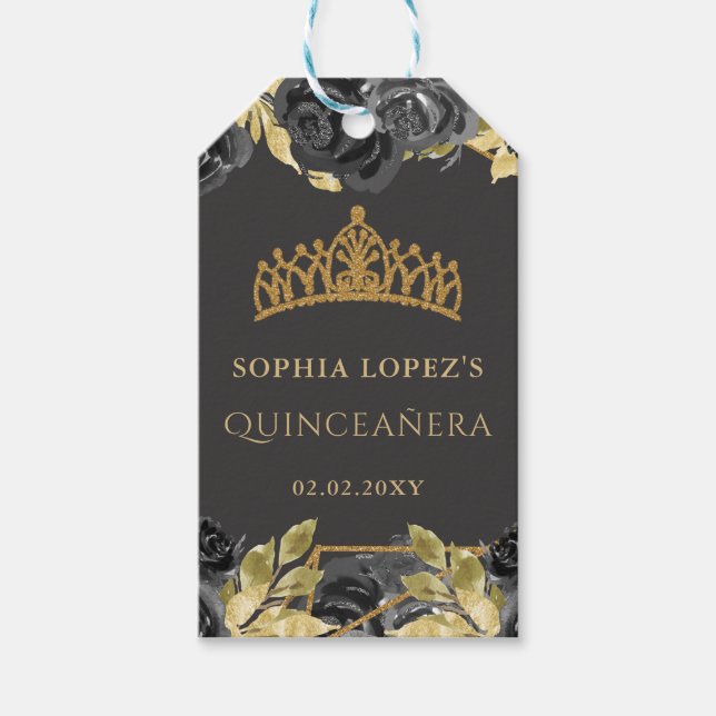 Elegant Black Gold Floral Tiara Quinceanera Geschenkanhänger (Vorderseite)